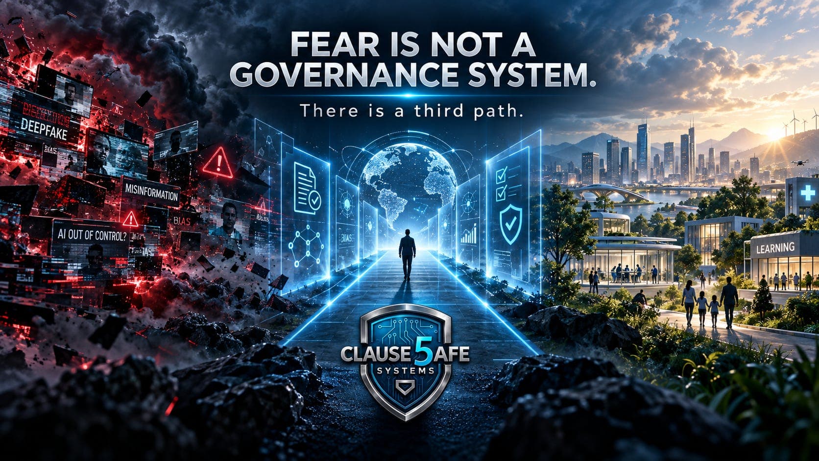 Fear is not a governance system. There is a third path. A person walks toward independent assurance between images of AI risks and a hopeful future.
